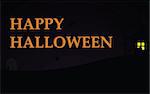 Happy Halloween text on a dark purple gradient background with spooky house, trees, and grave stone.