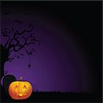 Spooky Halloween background with creepy tree, smiling pumpkin, and tombstone against purple and black gradient background.