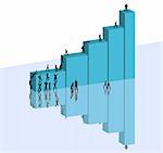 3D scene of business graphic with businessmen climbing up rising histogram bars