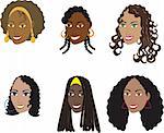 Vector Illustration set of 6 natural and real hair styles for women with curly, kinky or wavy hair. Also available in straight styles or weaves and wigs.