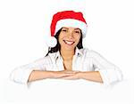 Christmas woman with sign. Very beautiful mixed race asian / caucasian woman with billboard looking at camera. Isolated on white background.