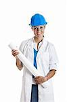 Portrait of a young happy female architect holding a project, isolated on white background