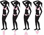 Vector Illustration of four basic female body types with pink bikini swimsuits illustrated on silhouettes with body shapes below.