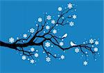 winter tree with snowflakes and birds, vector
