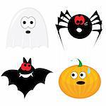 Cartoon halloween icon set (ghost, pumpkin, bat, spider). Vector illustration.