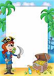 Frame with pirate girl and treasure 2 - color illustration.