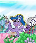 Pirate octopus underwater - color illustration.