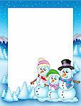 Winter frame with snowman family - color illustration.