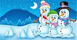 Winter landscape with snowman family - color illustration.