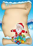 Winter parchment with Santa and gifts - color illustration.