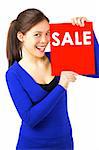 Sign woman. Beautiful mixed race asian / caucasian woman smiling holding sale sign. Isolated on white background.