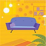 Old retro styled interior with sofa and bookcase. Vector Illustration