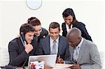 Multi-ethnic business people in a meeting  using a telephone and a laptop