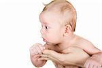 Beauty baby boy at mother hand isolated on a white background