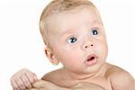 Beauty baby boy at mother hand isolated on a white background