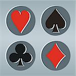 Poker playcards icons in a gray frame with circles on striped background. Vector available