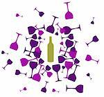 Wine bottle and wineglasses background. Green and purple silhouettes on white