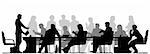 Editable vector foreground silhouette of people in a meeting with all figures and other elements as separate objects