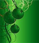 Christmas green vector background with balls and snowflakes