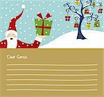 Happy Santa Claus and Christmas tree with lots of gifts letter background