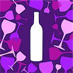 Wine bottles and wineglasses background. White, blue, pink and purple silhouettes