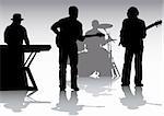 Vector drawing musical group on stage. Silhouettes on white background