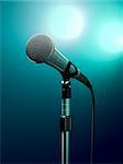 Microphone on stage with turquoise stage lights.