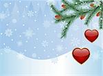 Winter background with a fir tree and a glossy hearts.