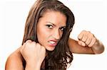 Pretty young brunette Hispanic woman throwing a punch