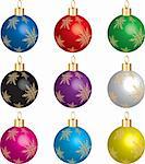 Set of 9 christmas ornaments with gold snowflakes. Vector Illustration photo real 3D.