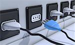 3d image of four connected white plugs and a disconnected blue one.