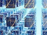 An abstract blue background of an electric city grid of cubes against a bright perspective light. Use for business, Science or Technology Background.