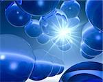 Abstract science of cool sea blue crystal spheres against bright star.