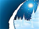 Blue Christmas card with snowy winter night landscape