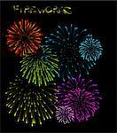 Set of fireworks illustrations on black background