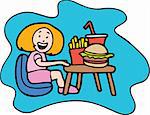 Girl enjoys her favorite hamburger, fries and soda.