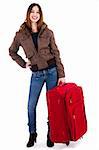 Women ready for travel carrying her suitcase on a wite background