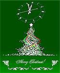Christmas - New Year tree with clock image. Vector illustration