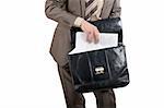 Contracts for the signature. Briefcase in hands of the businessman over white background