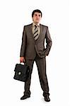 Businessman in suit holding briefcase. Isolated over white background