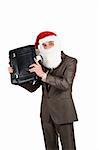 Businessman in suit with santa hat on head holding briefcase. Isolated over white background