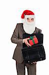 This gift for you. Businessman in suit with santa hat on head. Isolated over white background