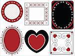 Six red, black and white vector Valentine borders, frames or tags with gingham trim.