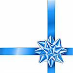 Blue bow on a blue ribbon with white background - vector Christmas card