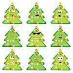 Cartoon christmas trees set with different emotions. Vector illustration.