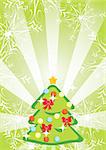 Green holiday background with Christmas Tree, snowflakes and stripes. Vector illustration for your design.