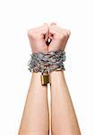 Hands chained together isolated on a white background