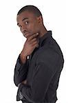 Young Adult black african businessman wearing a dark smart-casual suit without a jacket on a white background in various poses with various facial expressions. Part of a series, Not Isolated.