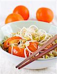 Cooked organic bean sprouts with tomatoes.