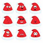 Cartoon santa's hats set with different emotions for your christmas design. Vector illustration.